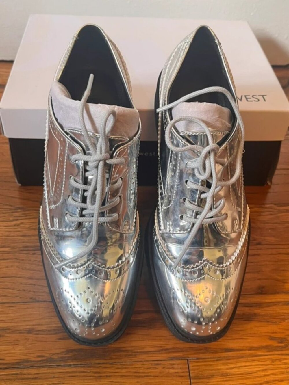 Nine West Silver Metallic Platform Wingtip Oxfords
